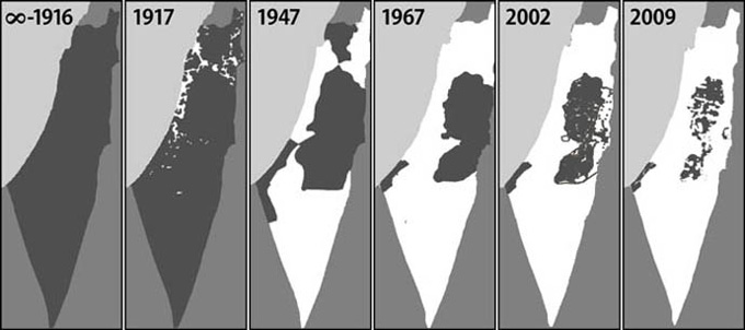 Mapa de la "limpieza étnica" del pueblo palestino. En gris oscuro, el territorio palestino. En blanco, los territorios ocupados por los colonizadores sionistas.